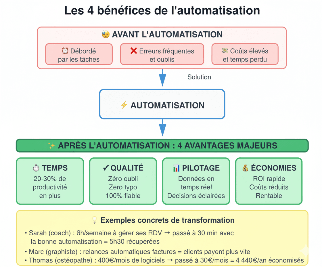 Comparaison avant après automatisation business - gains de productivité et économies
